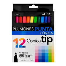 1 paquete de plumones punta conica con 12 piezas A-INK