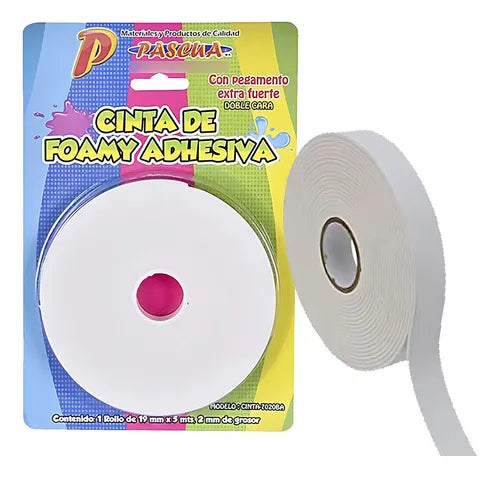 Cinta de foamy adhesiva doble cara Pascua 7020BA de 19 mm por 5 m, empaque y rollo