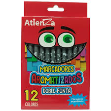 1 paquete con 12 marcadores aromatizados doble punta atienza