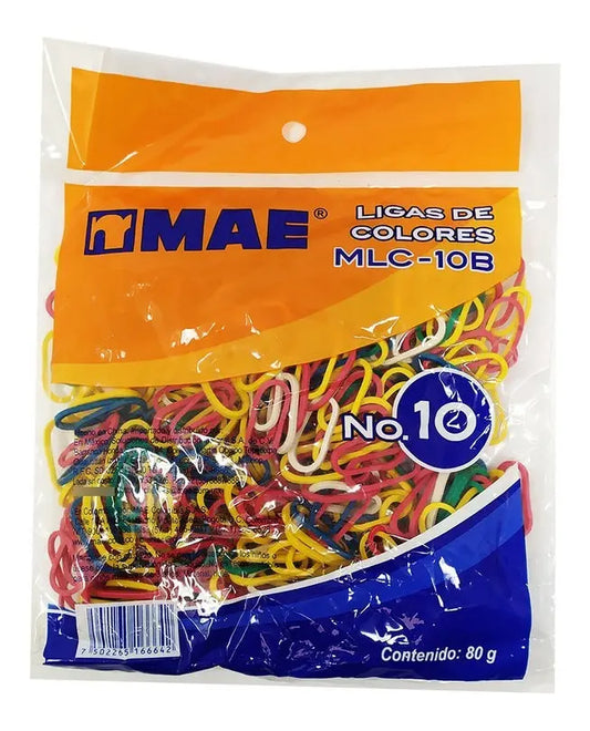 Ligas de colores MAE número 10, bolsa de 80 g en empaque original