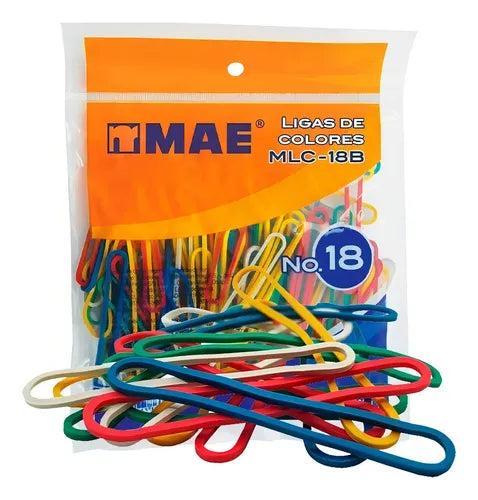 Ligas de colores MAE número 18, bolsa de 80 g con ligas sueltas al frente